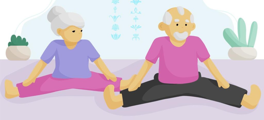 Seniors doing yoga exercises to improve flexibility, balance, and relaxation for healthy aging and active living